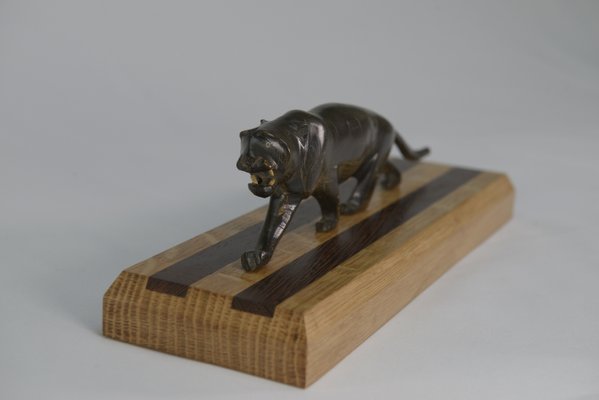 Panther Sculpture on Oak Wood Base with Wenge Inlay, 1920s-NEN-2021751