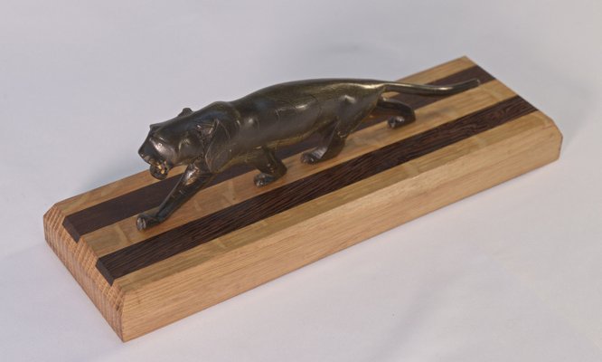 Panther Sculpture on Oak Wood Base with Wenge Inlay, 1920s-NEN-2021751