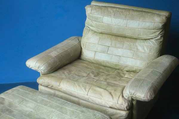 Patchwork Leather Lounge Chair and Ottoman in Olive Green from Laauser, 1970s, Set of 2-ED-2020128