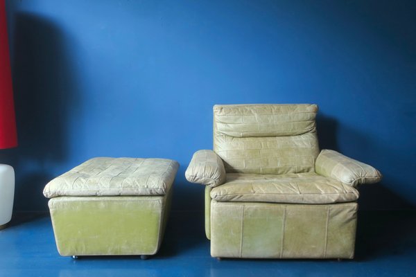 Patchwork Leather Lounge Chair and Ottoman in Olive Green from Laauser, 1970s, Set of 2-ED-2020128