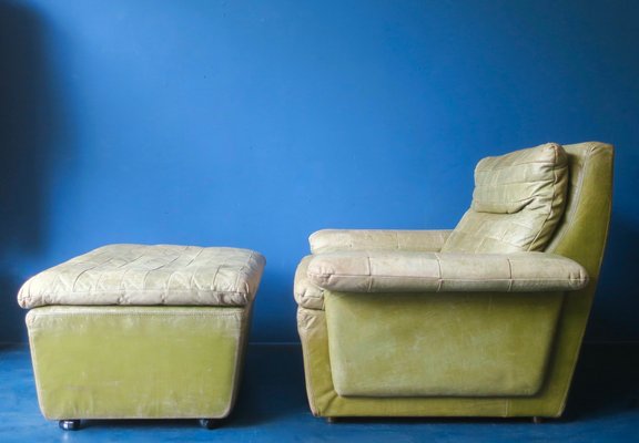 Patchwork Leather Lounge Chair and Ottoman in Olive Green from Laauser, 1970s, Set of 2-ED-2020128