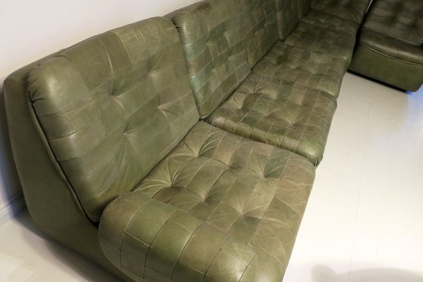 Patchwork Modular Sofa Set in Olive Green Patinated Leather, 1970s, Set of 6-ED-1807721