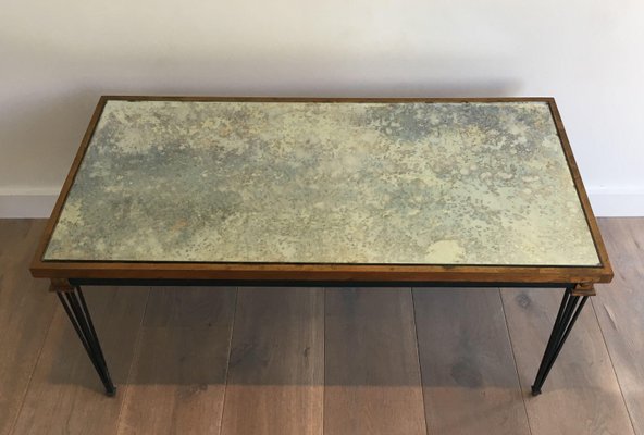 Patinated and Golden Steel Coffee Table in the style of Jacques Quinet-BA-1365365