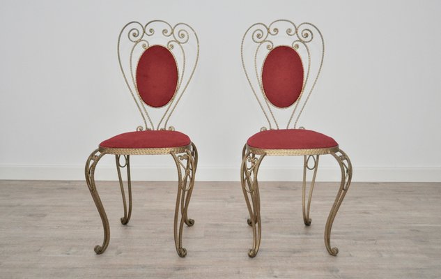 Patinated Brass, Wrought Iron, and Velvet Side Chairs, 1970s, Set of 2-KNM-562061