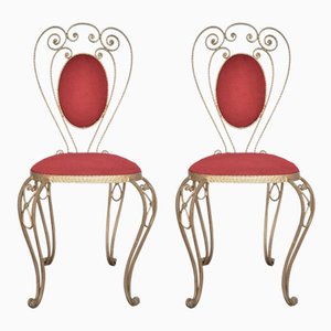 Patinated Brass, Wrought Iron, and Velvet Side Chairs, 1970s, Set of 2-KNM-562061