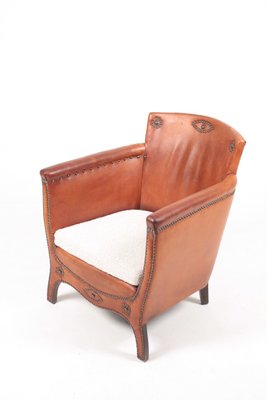 Patinated Leather and Boucle Lounge Chair by Otto Schulz for Boet, 1950s-FK-727435