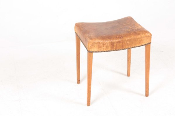 Patinated Leather and Oak Stool, 1950s-FK-830490