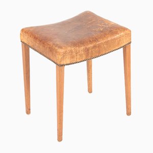 Patinated Leather and Oak Stool, 1950s-FK-830490