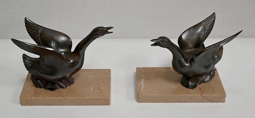 Patinated Metal and Marble Swan Bookends, 1930s-1940s, Set of 2-RVK-1338482