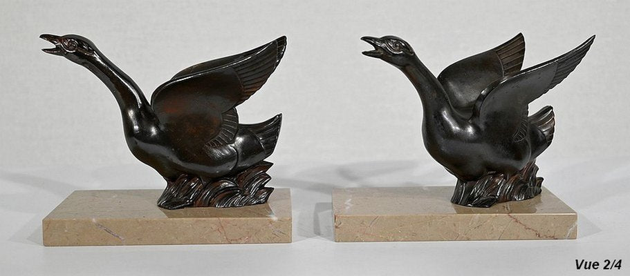 Patinated Metal and Marble Swan Bookends, 1930s-1940s, Set of 2-RVK-1338482