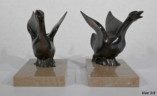 Patinated Metal and Marble Swan Bookends, 1930s-1940s, Set of 2-RVK-1338482