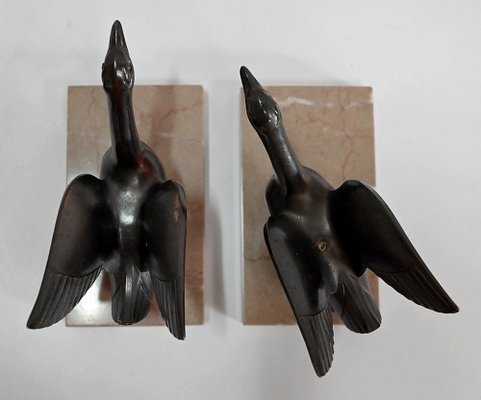 Patinated Metal and Marble Swan Bookends, 1930s-1940s, Set of 2-RVK-1338482