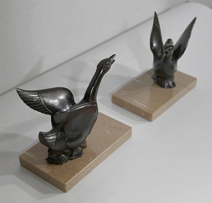 Patinated Metal and Marble Swan Bookends, 1930s-1940s, Set of 2-RVK-1338482