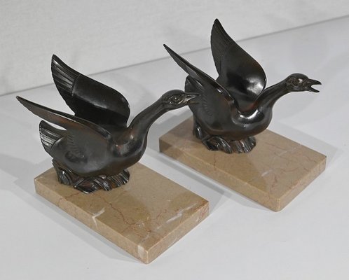 Patinated Metal and Marble Swan Bookends, 1930s-1940s, Set of 2-RVK-1338482