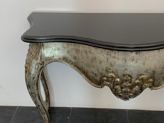 Patinated Silver Black Marble Eclectic Console Baroque, 1990s-IJR-1406549