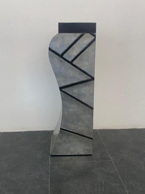 Patinated Silver Leaf Pedestal with Black Lacquered Engraved Lines-IJR-1393314