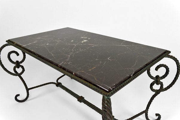 Patinated Wrought Iron and Black Marble Coffee Table, 1940s-XNH-1176470