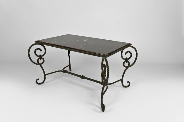 Patinated Wrought Iron and Black Marble Coffee Table, 1940s-XNH-1176470