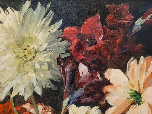 Paul Robert Bazé, Dahlias and Camellias, 1970s, Oil on Board, Framed-NUC-1783299