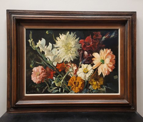 Paul Robert Bazé, Dahlias and Camellias, 1970s, Oil on Board, Framed-NUC-1783299