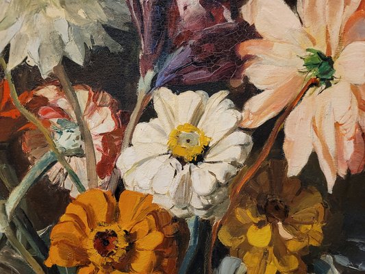 Paul Robert Bazé, Dahlias and Camellias, 1970s, Oil on Board, Framed-NUC-1783299