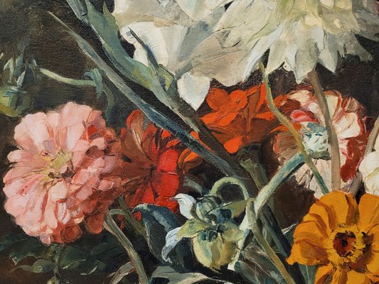 Paul Robert Bazé, Dahlias and Camellias, 1970s, Oil on Board, Framed-NUC-1783299