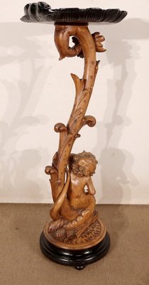 Pedestal " Eros riding a dolphin " in Natural Wood and Blackened Wood, Late 19th Century-RVK-1437480