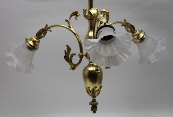 Pendant Chandelier in Solid Polished Brass with Three Arms, Late 19th Century-MJY-1149050