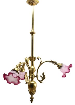 Pendant Chandelier in Solid Polished Brass with Three Arms, Late 19th Century-MJY-1149050