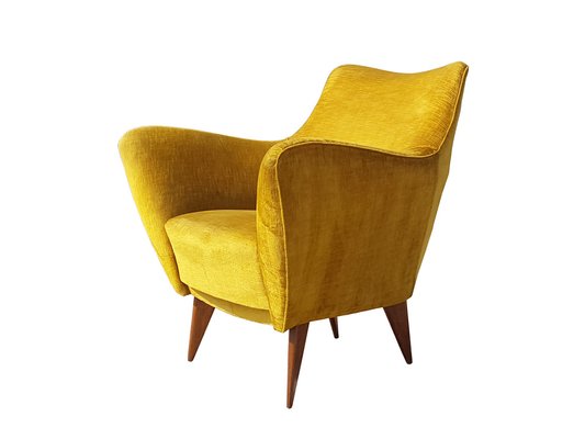 Perla Armchairs in Yellow Velvet and Wood by Guglielmo Veronesi for Isa Bergamo, 1952, Set of 2-RD-1764419