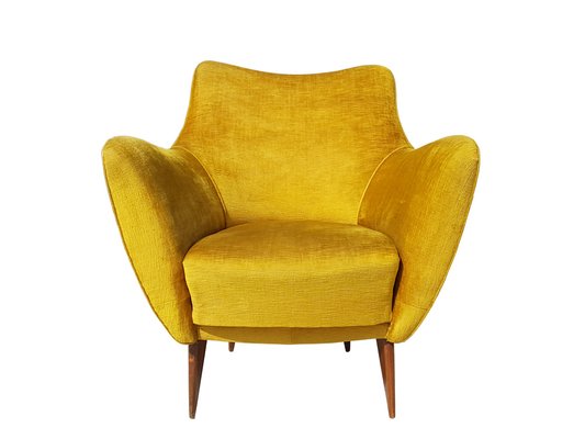 Perla Armchairs in Yellow Velvet and Wood by Guglielmo Veronesi for Isa Bergamo, 1952, Set of 2-RD-1764419