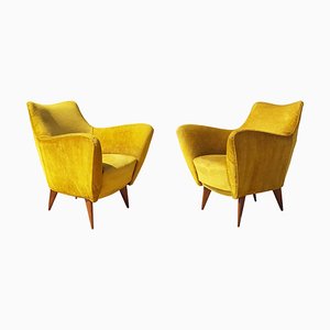 Perla Armchairs in Yellow Velvet and Wood by Guglielmo Veronesi for Isa Bergamo, 1952, Set of 2-RD-1764419