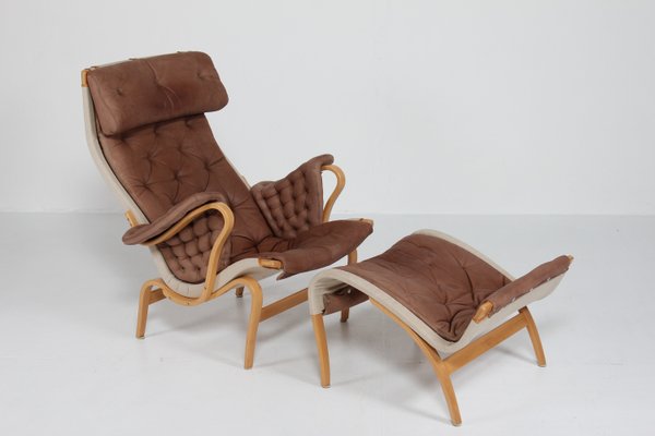 Pernilla Lounge Chair & Foot Rest in Beech and Chocolate Colored Aniline Leather by Bruno Mathsson for Dux, Sweden, 1970s-QQ-2022457