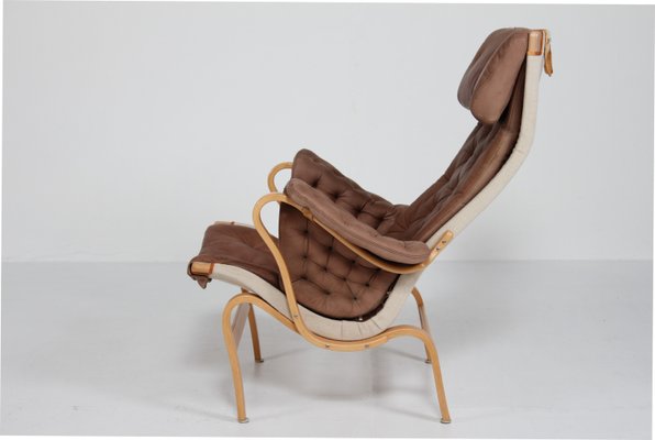 Pernilla Lounge Chair & Foot Rest in Beech and Chocolate Colored Aniline Leather by Bruno Mathsson for Dux, Sweden, 1970s-QQ-2022457