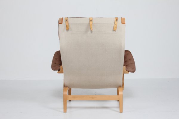 Pernilla Lounge Chair & Foot Rest in Beech and Chocolate Colored Aniline Leather by Bruno Mathsson for Dux, Sweden, 1970s-QQ-2022457