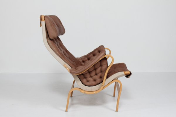 Pernilla Lounge Chair & Foot Rest in Beech and Chocolate Colored Aniline Leather by Bruno Mathsson for Dux, Sweden, 1970s-QQ-2022457