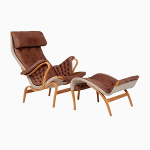 Pernilla Lounge Chair & Foot Rest in Beech and Chocolate Colored Aniline Leather by Bruno Mathsson for Dux, Sweden, 1970s-QQ-2022457