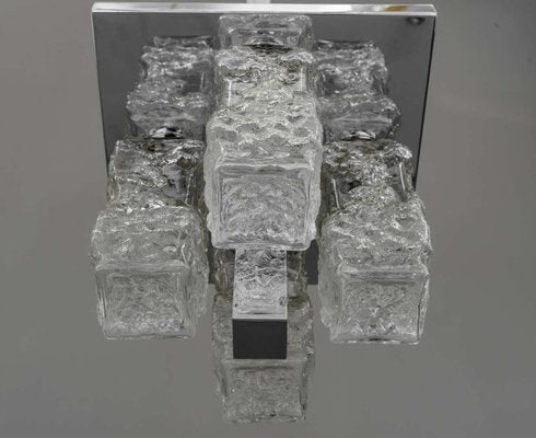 Petite German Square Nickel-Plated Ice Glass Flush Mount from Hillebrand, 1970s-SPD-1086877