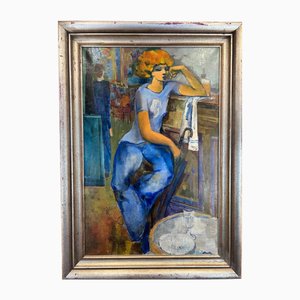 Philippe Ancellin, Pensive in Blue, 1980s, Oil on Canvas-QOR-2026901