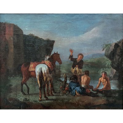 Philips Wouwerman, Knights in Front of a Coaching Inn and Knights and Bathers at a Stream, 1600s, Oil on Canvases, Set of 2-BEW-2023594