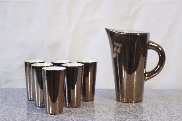 Pichet with Gold Ceramic Cups by Denise Gatard, France 1950s, Set of 7-WEQ-1339094