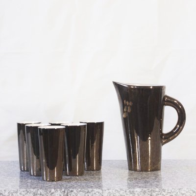 Pichet with Gold Ceramic Cups by Denise Gatard, France 1950s, Set of 7-WEQ-1339094