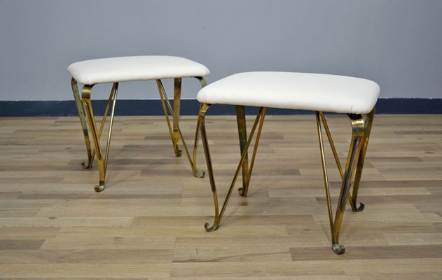 Pier Luigi Colli Style Brass & Eco-Leather Stools, Italy, 1940s, Set of 2-QZZ-1178055