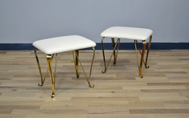 Pier Luigi Colli Style Brass & Eco-Leather Stools, Italy, 1940s, Set of 2-QZZ-1178055