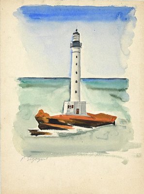 Pierre Segogne, The Lighthouse, Watercolor, Early 20th Century-ZCI-871631