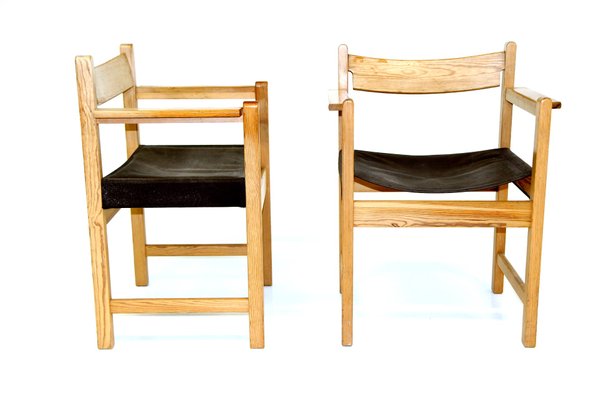 Pine & Canvas Armchairs, Sweden, 1970s, Set of 2-GEK-1347401