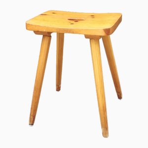 Pine Stool with Concave Seat and Pencil Legs, France, 1970s-NTQ-2035026