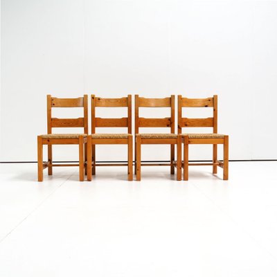 Pine Wood and Straw Seat Dining Chairs, 1970s, Set of 4-SV-887868