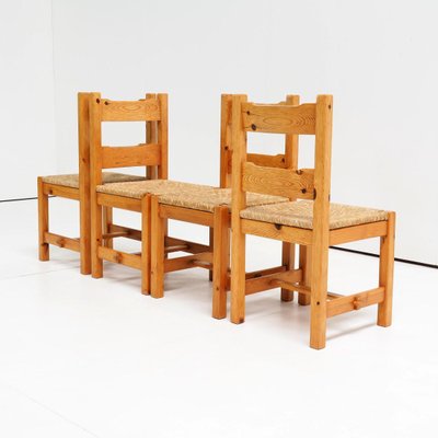 Pine Wood and Straw Seat Dining Chairs, 1970s, Set of 4-SV-887868