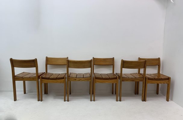 Pine Wood Dining Chairs, 1970s, Set of 6-BGP-1325282